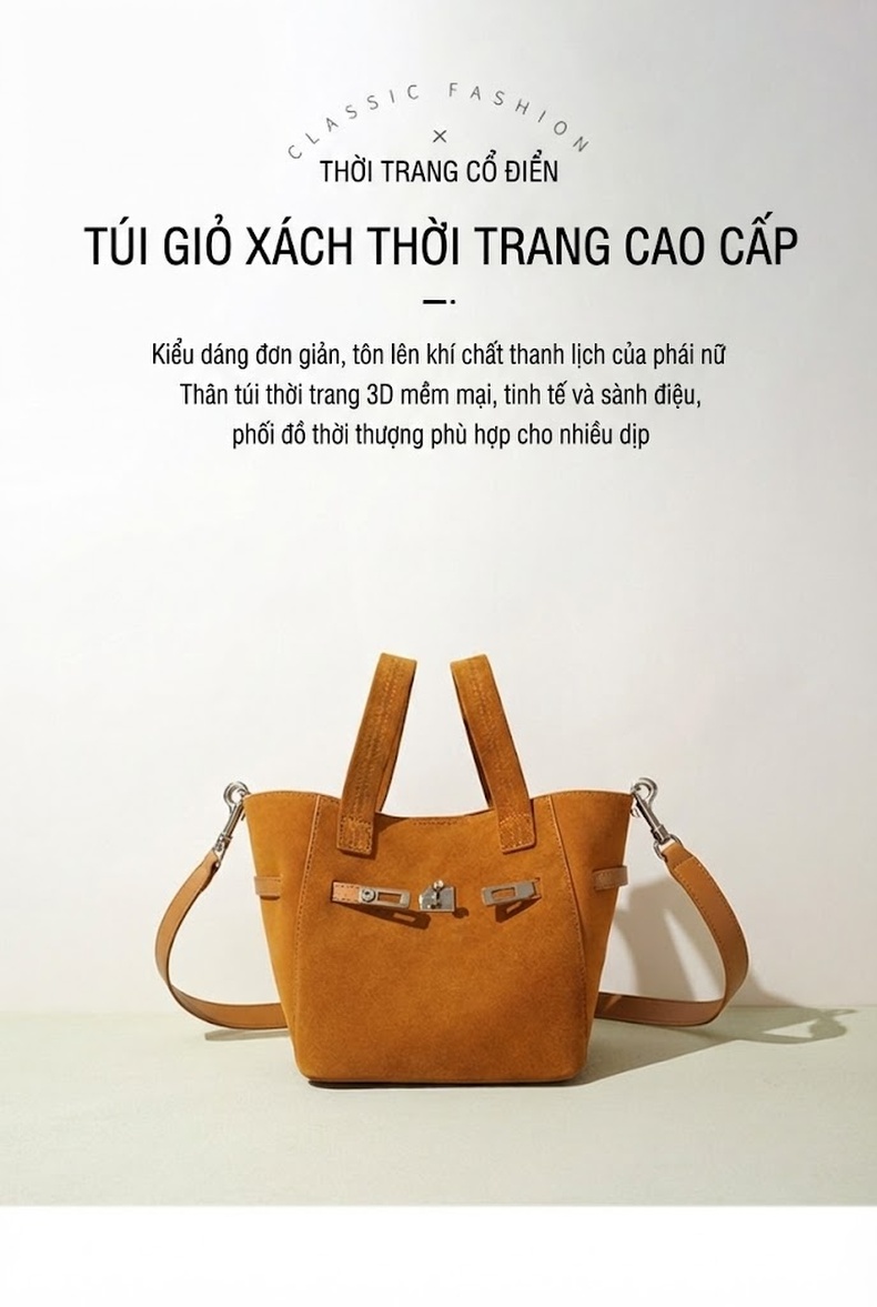 Túi Xách Tay Nữ Da Mờ Khóa Cài Thời Trang Đeo Vai Đeo Chéo Màu Vàng, Hồng chi tiết 5