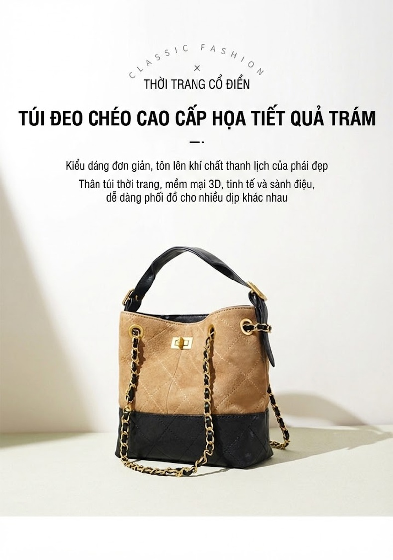 Túi Xách Tay Nữ Da Mờ Phối Màu Đeo Vai Dây Xích Thời Trang Màu Nâu, Đen chi tiết 2
