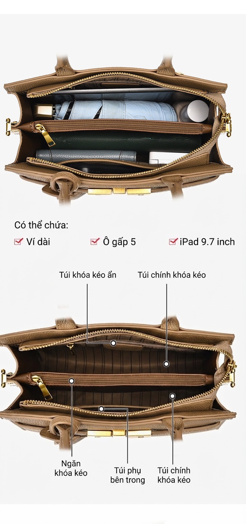 Túi Xách Tay Nữ Da Mờ Quai Xách Cao Cấp Màu Be, Nâu, Trắng chi tiết 3