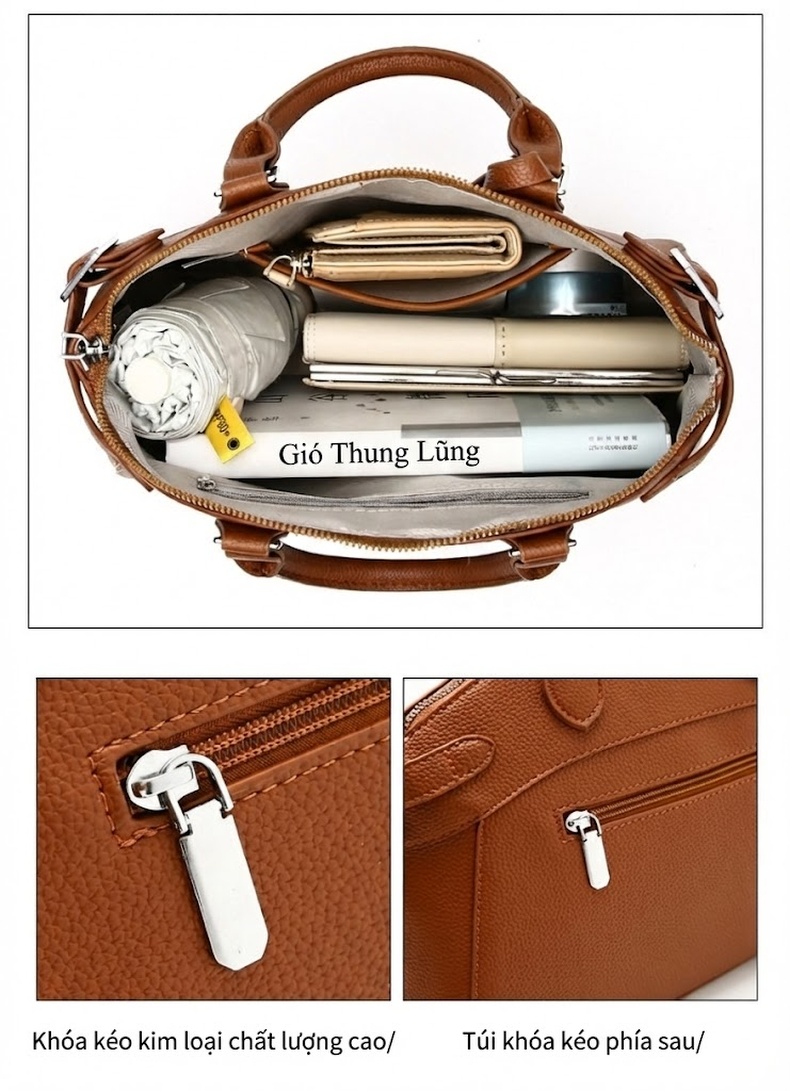 Túi Xách Tay Nữ Da Mờ Sức Chứa Lớn Phong Cách Retro Thanh Lịch Màu Nâu, Đen chi tiết 15