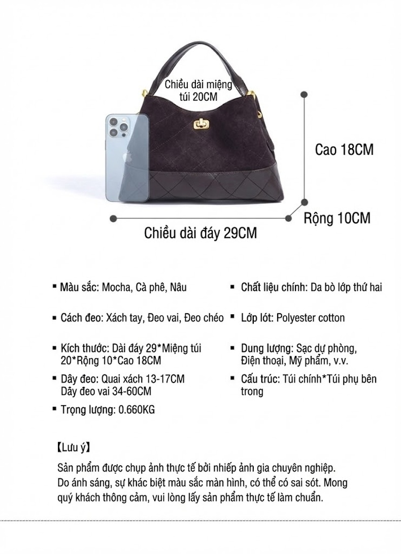 Túi Xách Tay Nữ Da Mờ Tote Công Sở Đeo Vai Kèm Túi Nhỏ Màu Nâu, Đen chi tiết 8