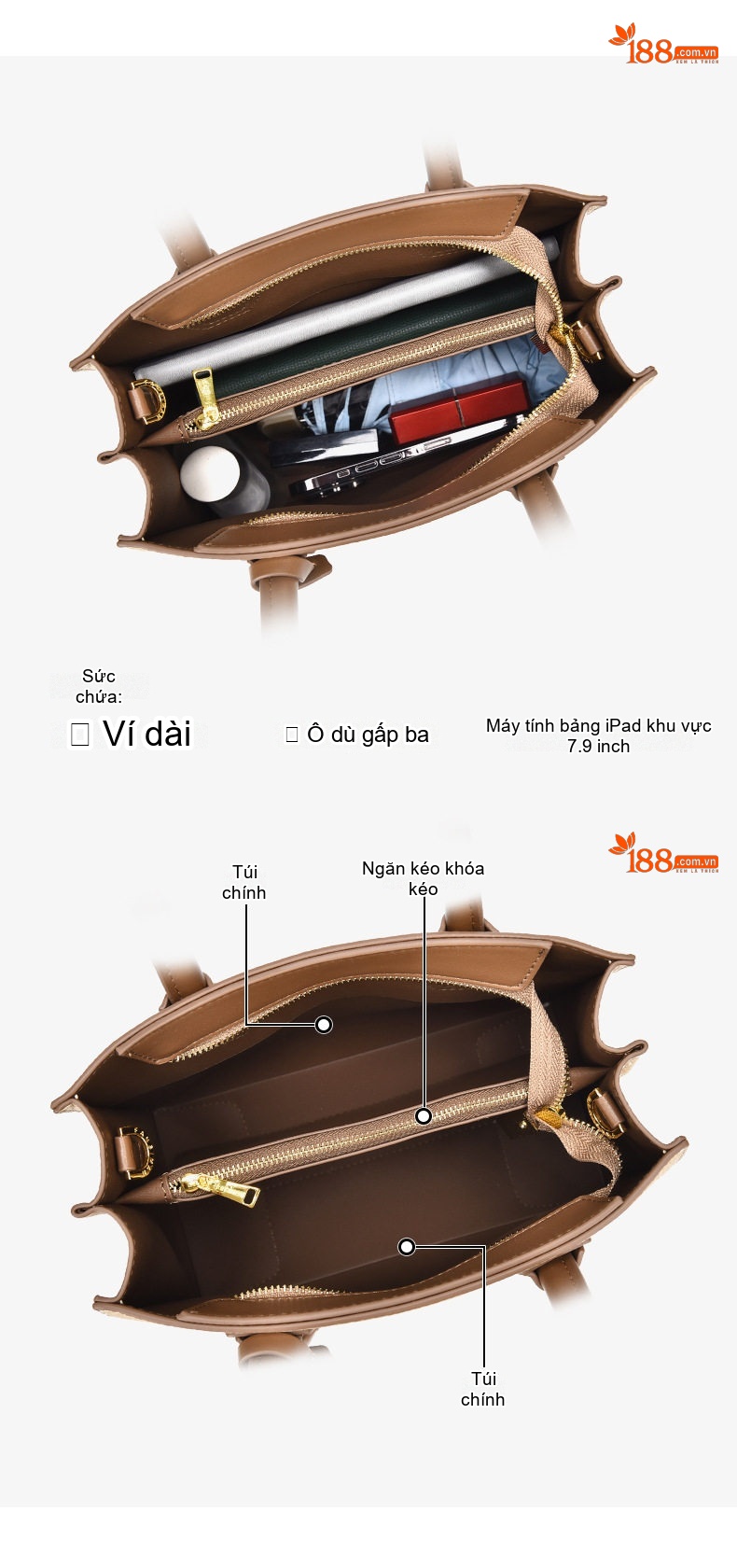 Túi Xách Tay Nữ Đa Năng Da Mờ Sức Chứa Lớn Đeo Vai, Đeo Chéo Màu Be, Nâu chi tiết 5