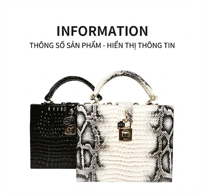 Túi Xách Tay Nữ Da PU Họa Tiết Da Rắn Hình Hộp Phong Cách Âu Mỹ Đeo Vai, Đeo Chéo Màu Đen, Trắng chi tiết 8