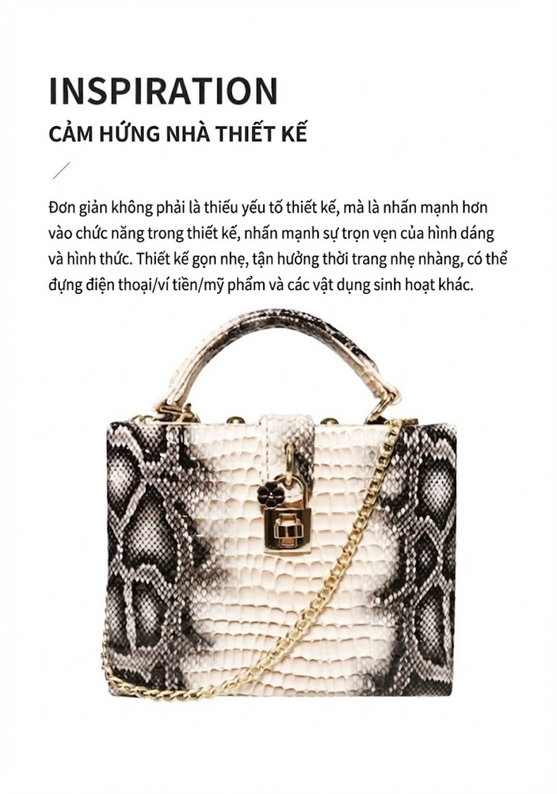 Túi Xách Tay Nữ Da PU Họa Tiết Da Rắn Hình Hộp Phong Cách Âu Mỹ Đeo Vai, Đeo Chéo Màu Đen, Trắng chi tiết 3