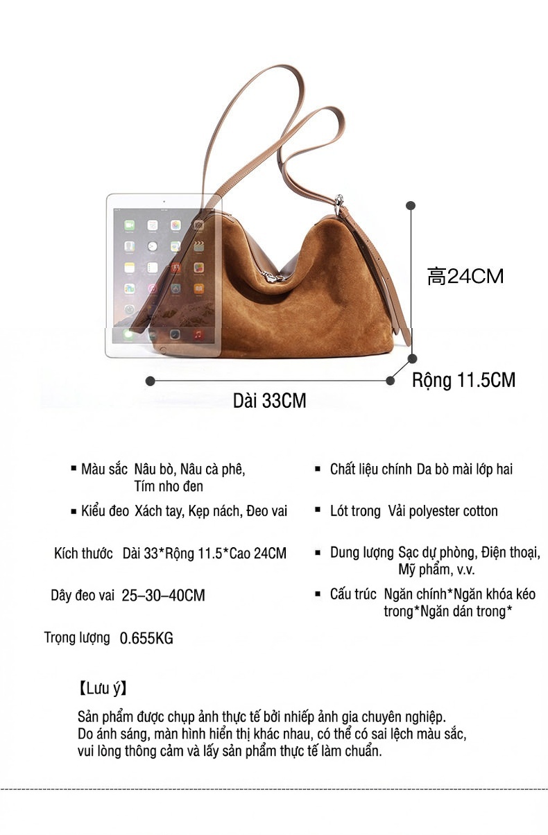Túi Xách Tay Nữ Da Thật Boston Tote Bag Đeo Vai Đựng Được Nhiều Đồ Phong Cách Retro Màu Nâu, Nâu Đậm chi tiết 15