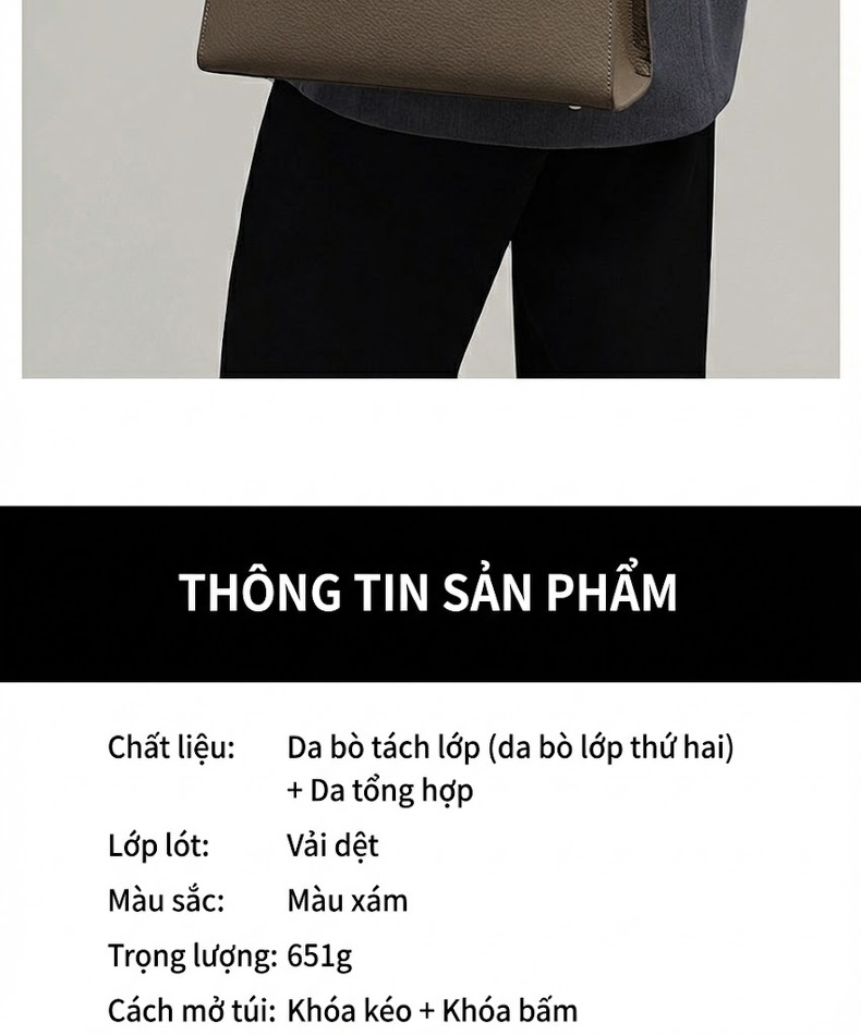 Túi Xách Tay Nữ Da Thật Cao Cấp, Túi Đeo Chéo Nữ Công Sở Màu Xám chi tiết 6