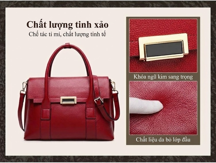 Túi Xách Tay Nữ Da Thật Công Sở Chần Chỉ Màu Nâu, Đen, Đỏ chi tiết 1