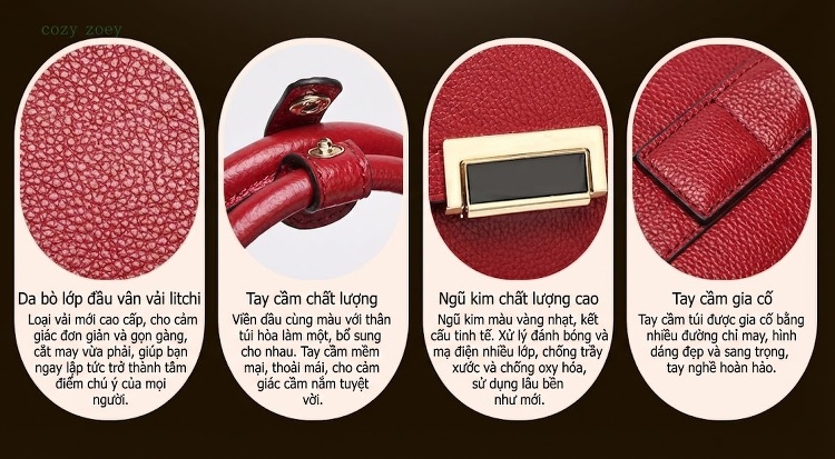 Túi Xách Tay Nữ Da Thật Công Sở Chần Chỉ Màu Nâu, Đen, Đỏ chi tiết 6