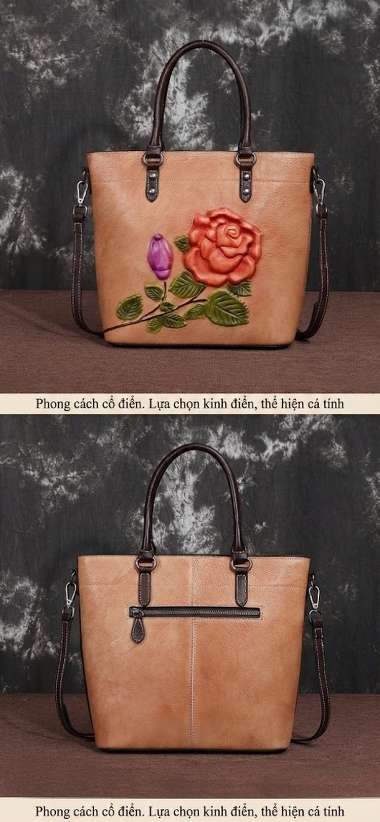 Túi Xách Tay Nữ Da Thật Dáng Bucket Hoa Văn Vintage Đeo Vai, Đeo Chéo Màu Nâu, Hồng chi tiết 4