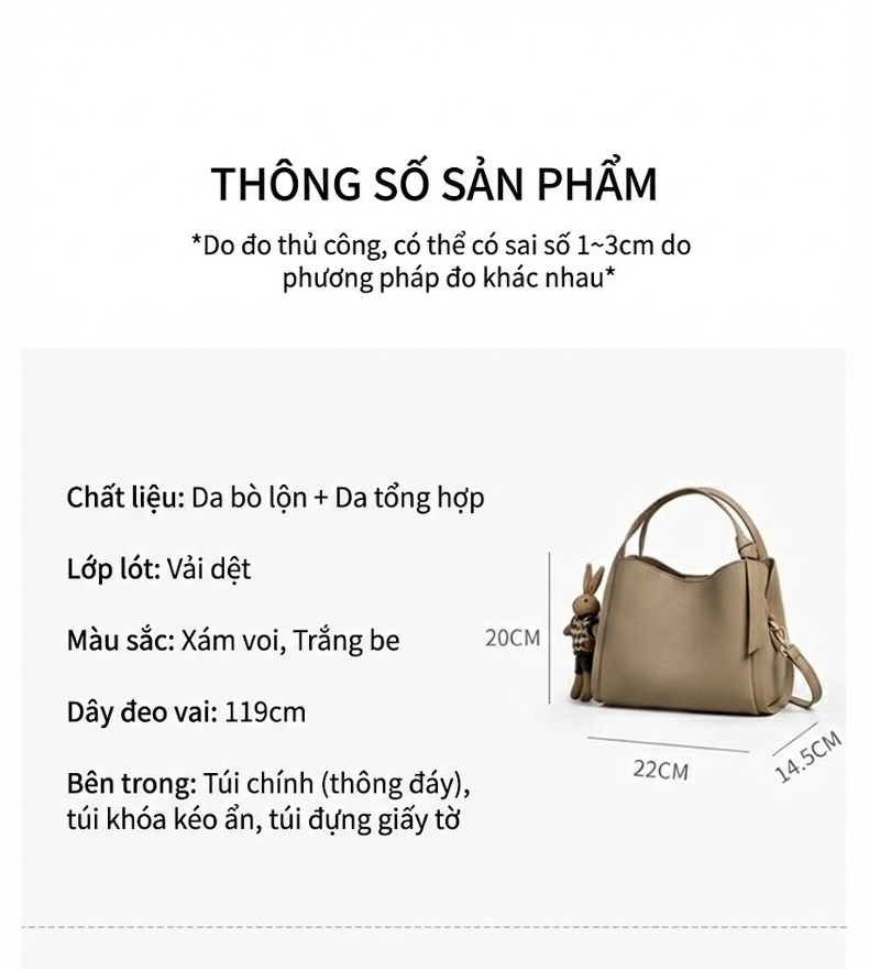 Túi Xách Tay Nữ Da Thật Dáng Bucket Lớn Đeo Vai, Đeo Chéo Màu Be chi tiết 7
