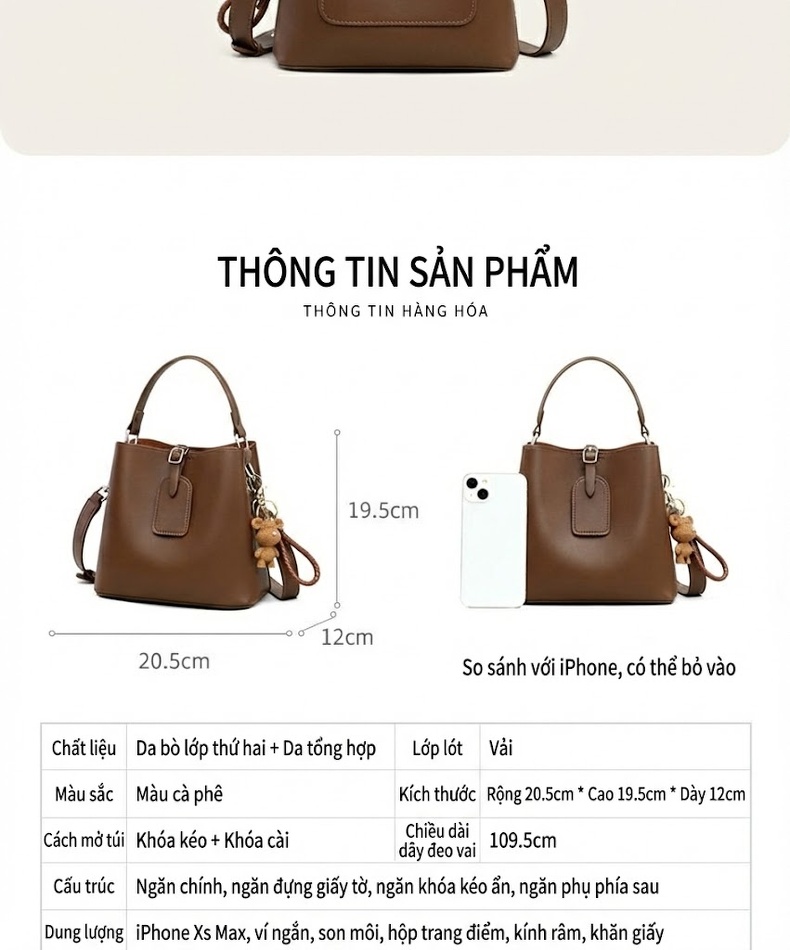 Túi Xách Tay Nữ Da Thật Dáng Bucket Lớn Đeo Vai, Đeo Chéo Màu Trắng Kem, Nâu chi tiết 3