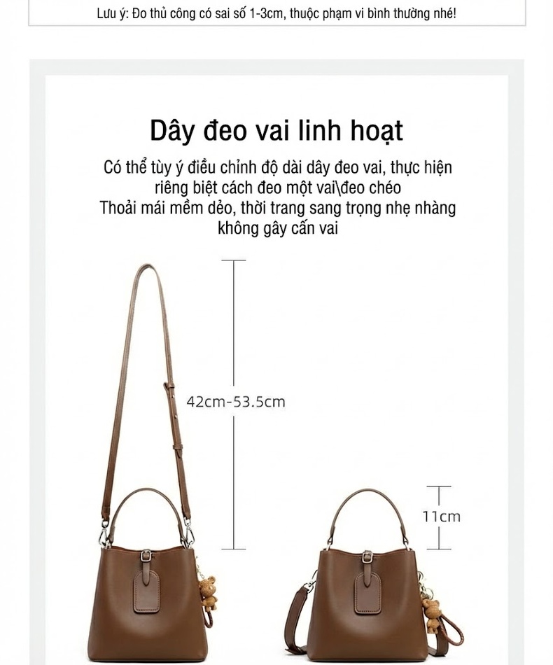Túi Xách Tay Nữ Da Thật Dáng Bucket Lớn Đeo Vai, Đeo Chéo Màu Trắng Kem, Nâu chi tiết 4