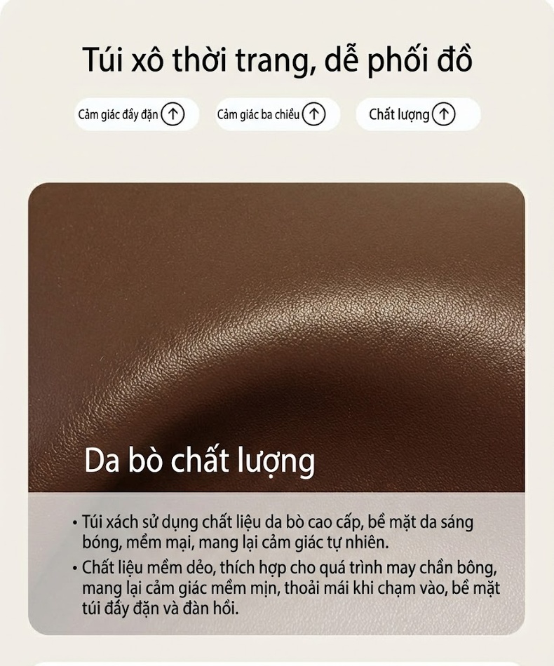 Túi Xách Tay Nữ Da Thật Dáng Bucket Lớn Đeo Vai, Đeo Chéo Màu Trắng Kem, Nâu chi tiết 2