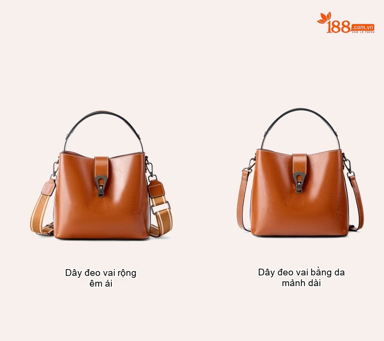 Túi Xách Tay Nữ Da Thật Dáng Bucket Quai Rộng Đeo Chéo Sức Chứa Lớn Màu Nâu chi tiết 6