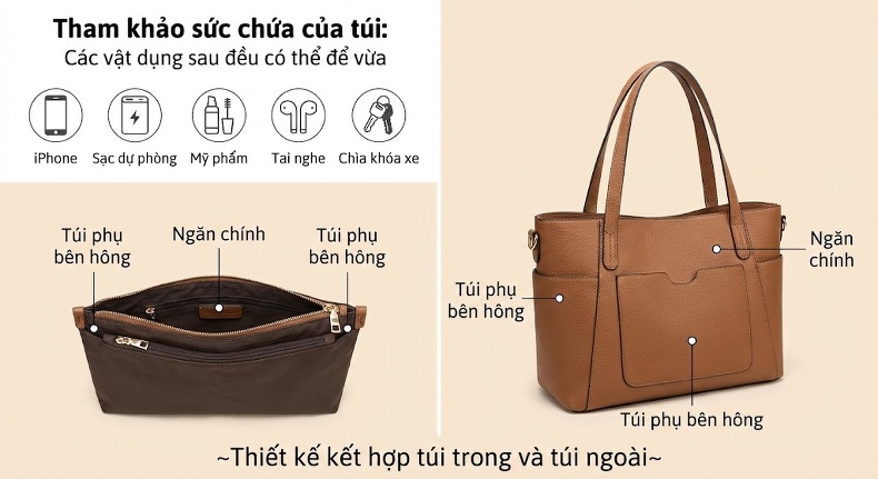 Túi Xách Tay Nữ Da Thật Dáng Thùng Quai Xách Túi Mẹ Bỉm Sữa Màu Trắng Kem, Nâu, Xám... chi tiết 22