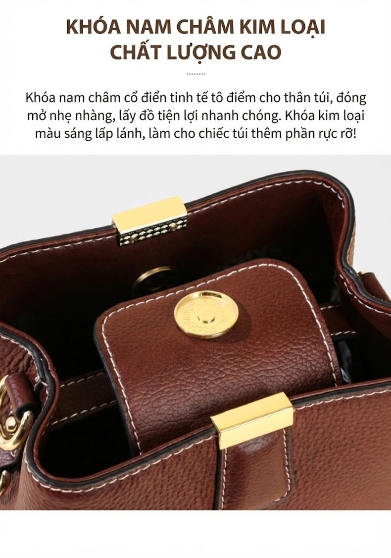 Túi Xách Tay Nữ Da Thật Dáng Xô Đeo Vai, Đeo Chéo Màu Nâu chi tiết 8