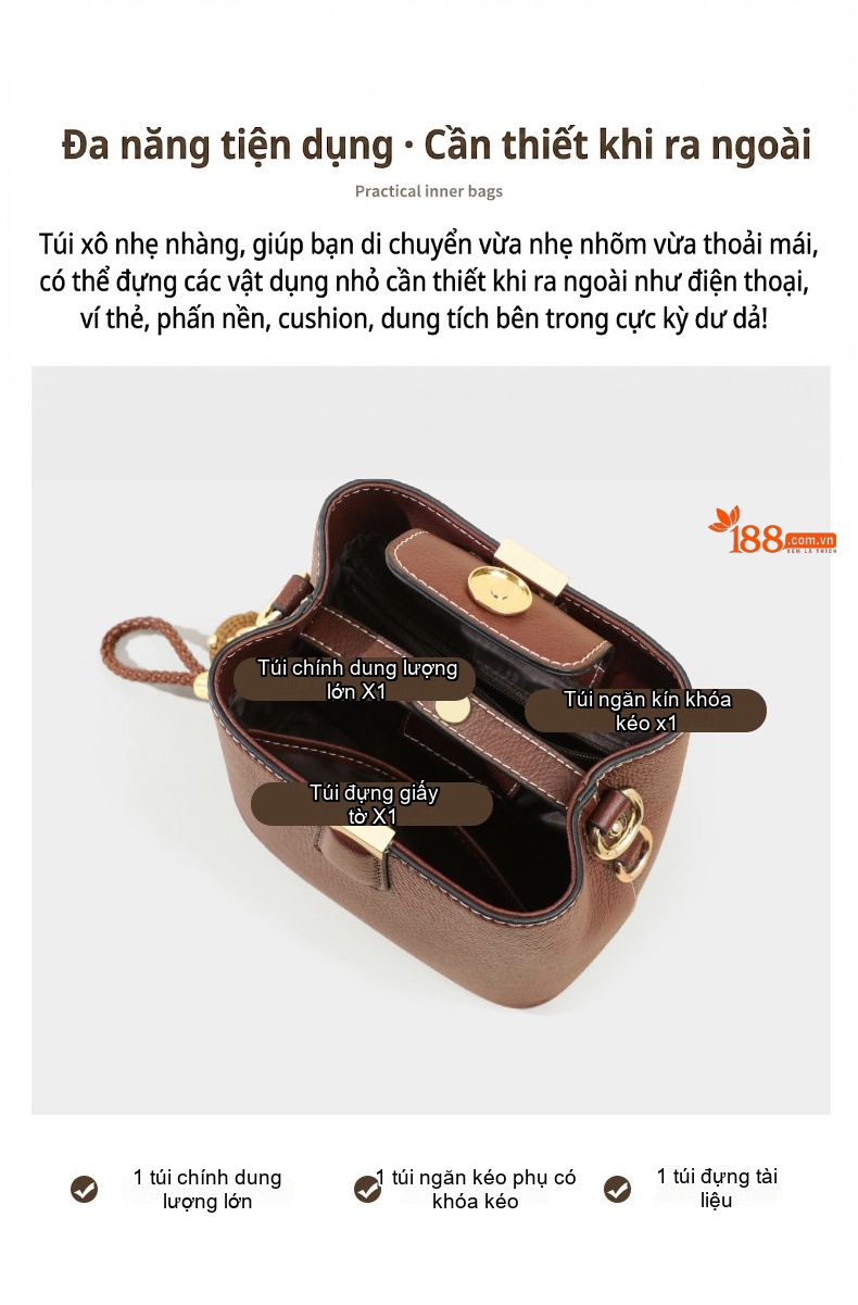 Túi Xách Tay Nữ Da Thật Dáng Xô Đeo Vai, Đeo Chéo Màu Nâu chi tiết 14