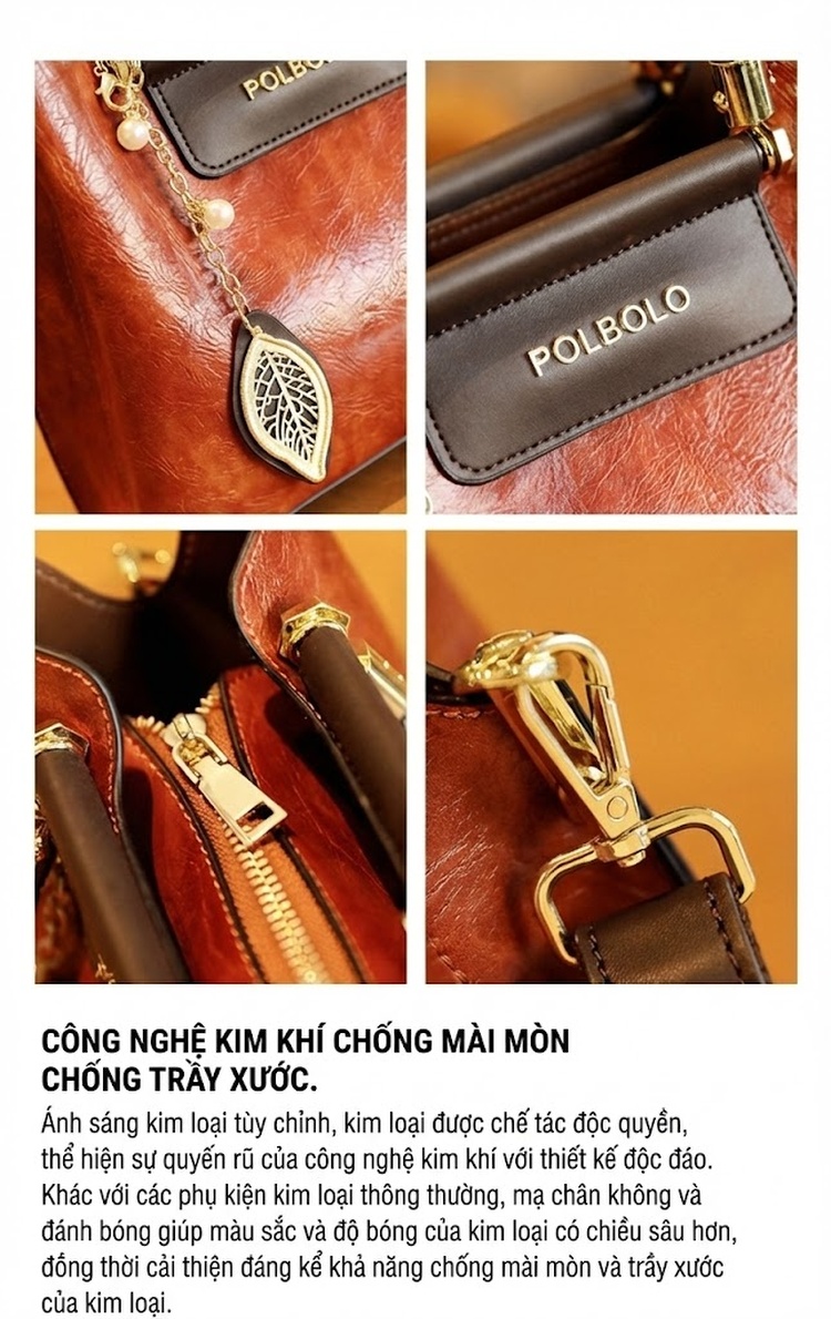 Túi Xách Tay Nữ Da Thật Đeo Vai Dáng Vuông Lớn Màu Nâu chi tiết 7