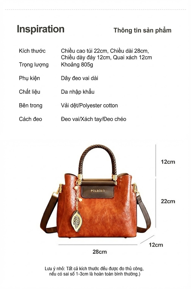 Túi Xách Tay Nữ Da Thật Đeo Vai Dáng Vuông Lớn Màu Nâu chi tiết 31