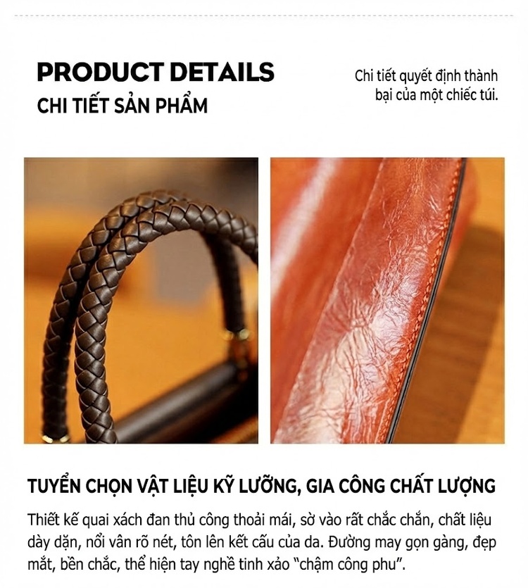 Túi Xách Tay Nữ Da Thật Đeo Vai Dáng Vuông Lớn Màu Nâu chi tiết 6