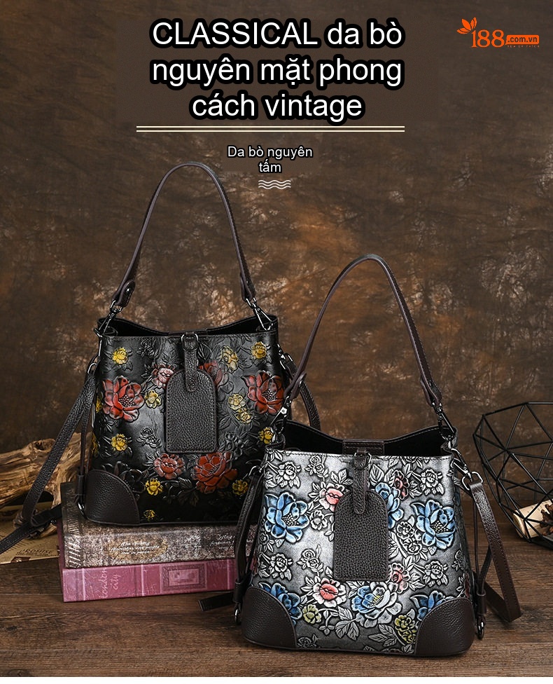 Túi Xách Tay Nữ Da Thật Đeo Vai Đeo Chéo Họa Tiết Hoa Vintage chi tiết 1
