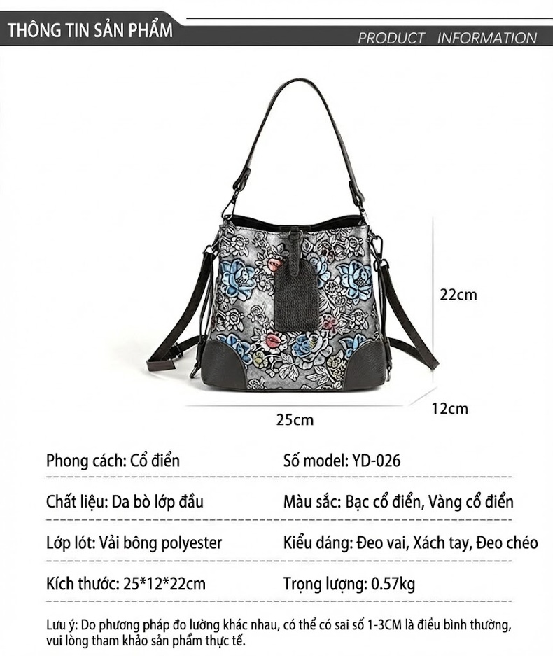 Túi Xách Tay Nữ Da Thật Đeo Vai Đeo Chéo Họa Tiết Hoa Vintage chi tiết 3