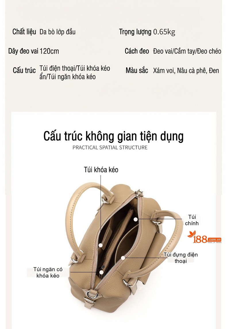 Túi Xách Tay Nữ Da Thật Đeo Vai Thời Trang Màu Nâu, Đen chi tiết 8