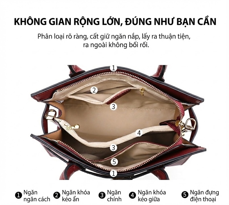 Túi Xách Tay Nữ Da Thật Đựng Vừa A4 Quai Xách Và Dây Đeo Màu Đỏ chi tiết 5