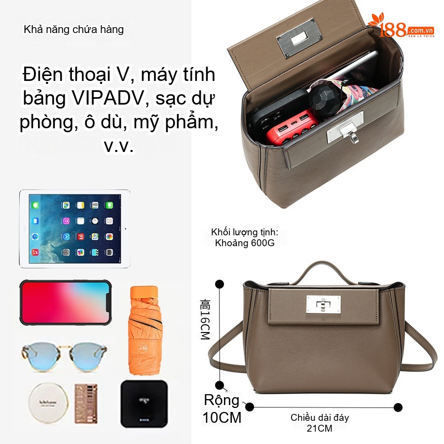Túi Xách Tay Nữ Da Thật Kelly Cao Cấp Đeo Chéo Sức Chứa Lớn Màu Nâu, Trắng, Xám