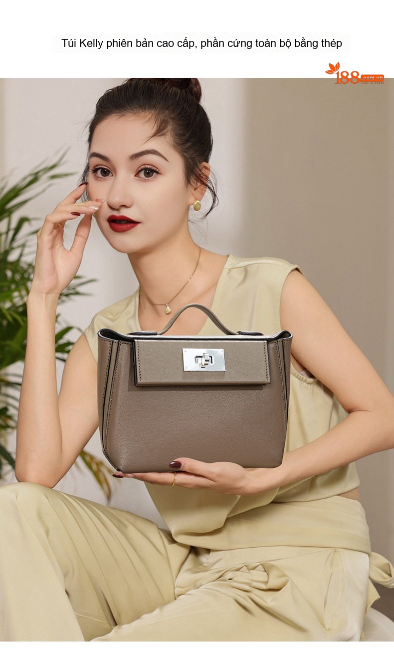 Túi Xách Tay Nữ Da Thật Kelly Cao Cấp Đeo Chéo Sức Chứa Lớn Màu Nâu, Trắng, Xám chi tiết 2