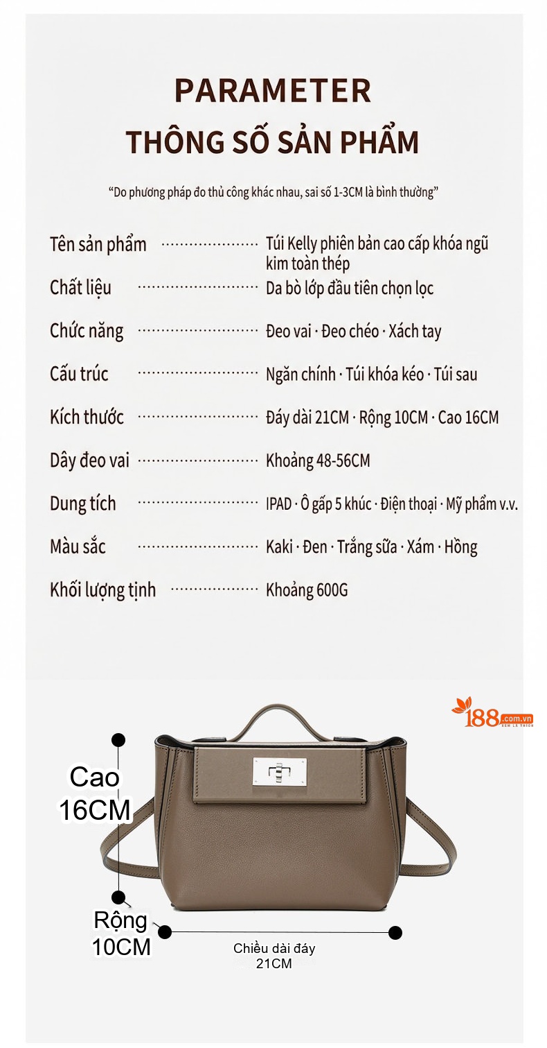 Túi Xách Tay Nữ Da Thật Kelly Cao Cấp Đeo Chéo Sức Chứa Lớn Màu Nâu, Trắng, Xám chi tiết 3
