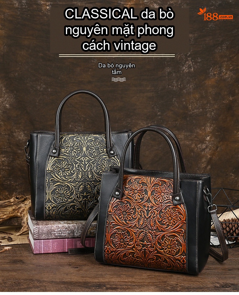 Túi Xách Tay Nữ Da Thật Khắc Hoa Văn Vintage Đeo Vai Đeo Chéo Màu Đen, Nâu chi tiết 1