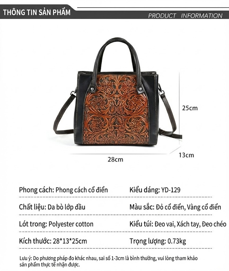 Túi Xách Tay Nữ Da Thật Khắc Hoa Văn Vintage Đeo Vai Đeo Chéo Màu Đen, Nâu chi tiết 3