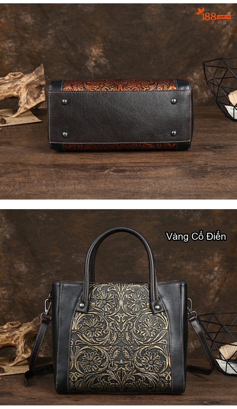 Túi Xách Tay Nữ Da Thật Khắc Hoa Văn Vintage Đeo Vai Đeo Chéo Màu Đen, Nâu chi tiết 6