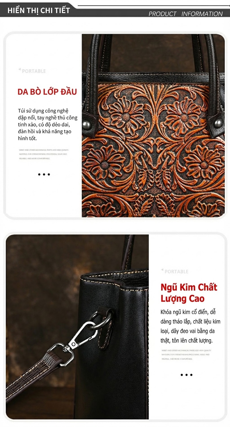 Túi Xách Tay Nữ Da Thật Khắc Hoa Văn Vintage Đeo Vai Đeo Chéo Màu Đen, Nâu chi tiết 8