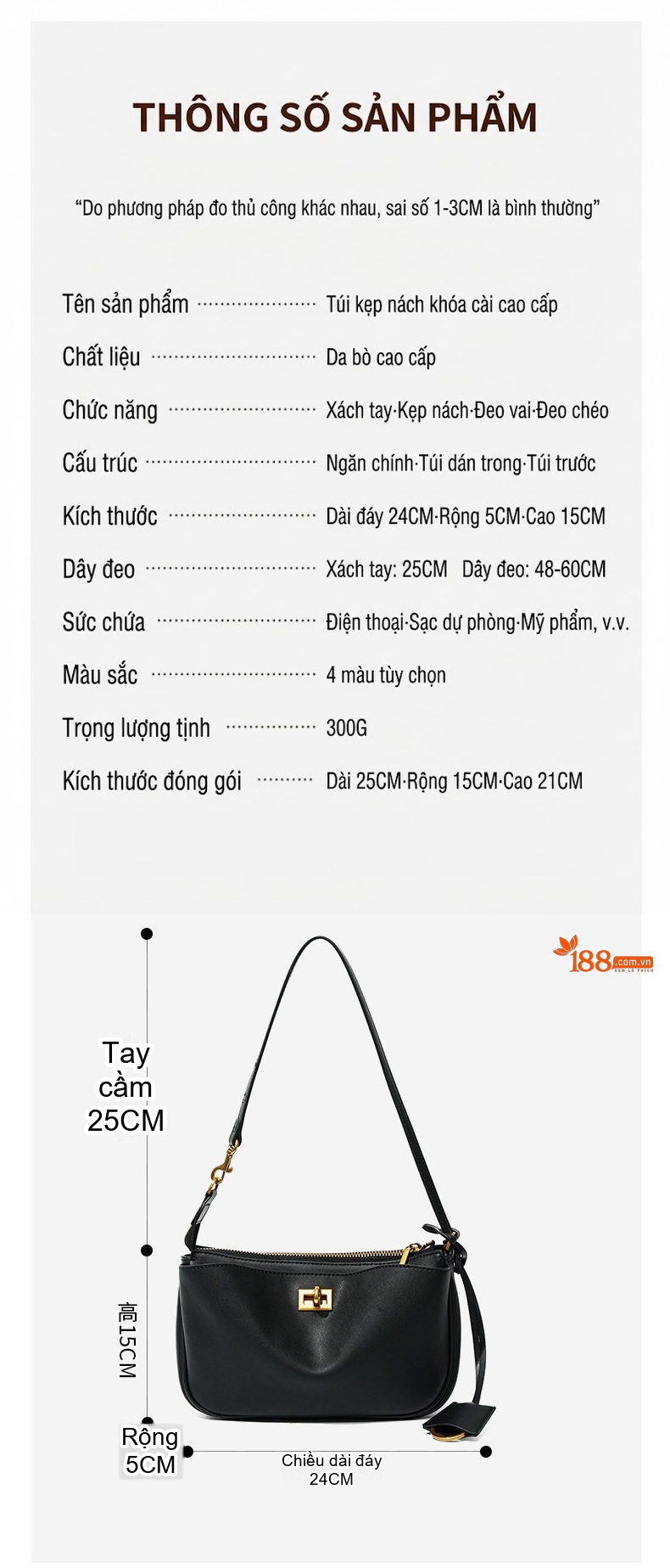 Túi Xách Tay Nữ Da Thật Khóa Gài Phong Cách Pháp Màu Đen, Nâu chi tiết 4