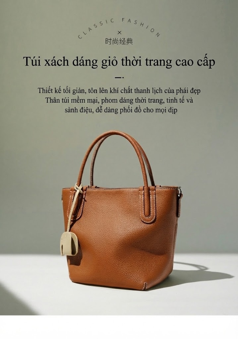 Túi Xách Tay Nữ Da Thật Kiểu Túi Bucket/Giỏ Sách Thời Trang Màu Nâu, Kem chi tiết 1