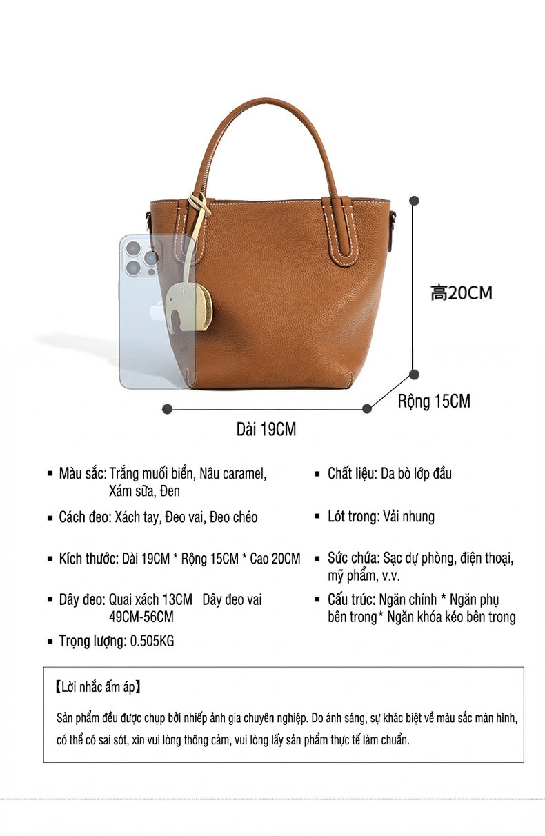 Túi Xách Tay Nữ Da Thật Kiểu Túi Bucket/Giỏ Sách Thời Trang Màu Nâu, Kem chi tiết 6