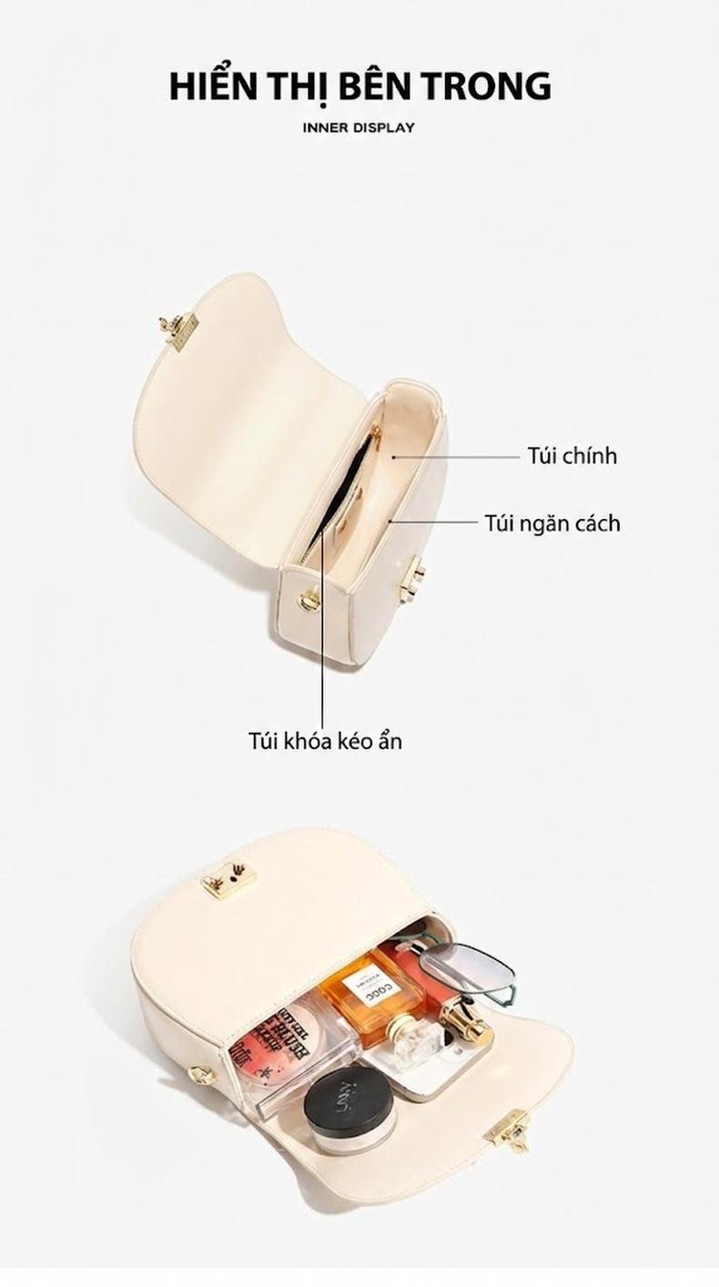 Túi Xách Tay Nữ Da Thật Kiểu Yên Ngựa Đeo Chéo Thời Trang Màu Trắng Kem, Đen chi tiết 8