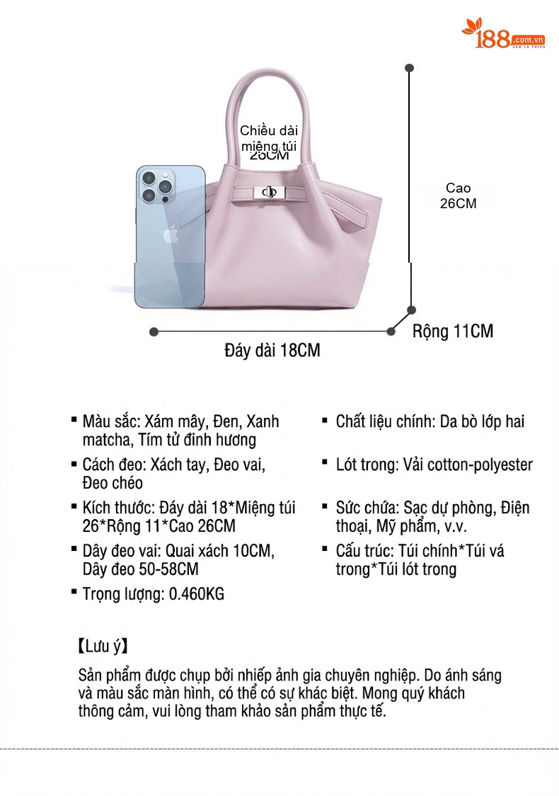 Túi Xách Tay Nữ Da Thật Mềm Mại Đeo Vai Đeo Chéo Phong Cách Xuân Hè Màu Tím, Xanh, Xám chi tiết 8