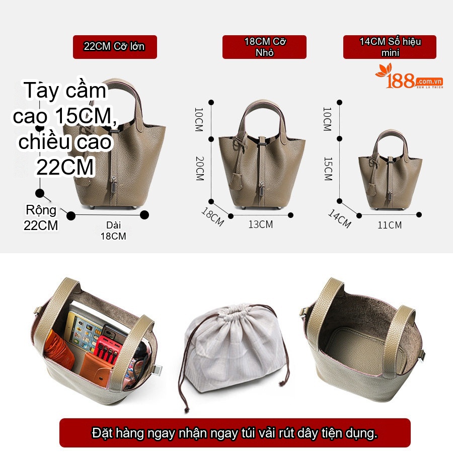 Túi Xách Tay Nữ Da Thật Mini Cao Cấp Thiết Kế Bucket Đựng Vừa Nhiều Đồ Màu Nâu, Xám, Hồng, Trắng...