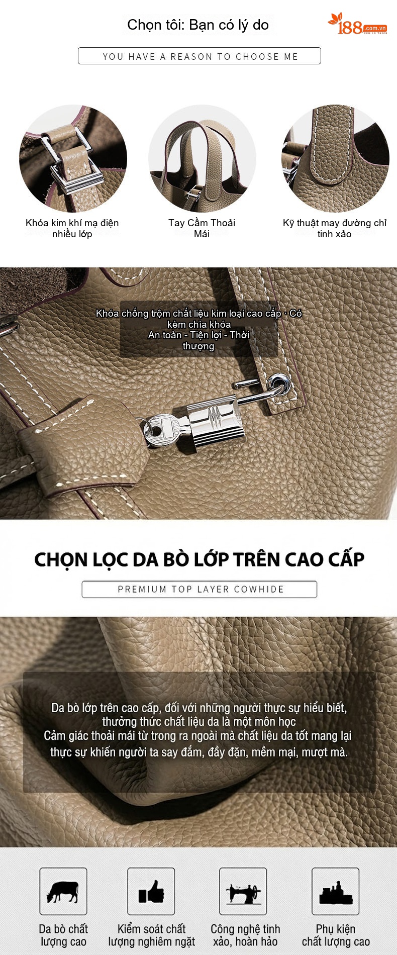 Túi Xách Tay Nữ Da Thật Mini Cao Cấp Thiết Kế Bucket Đựng Vừa Nhiều Đồ Màu Nâu, Xám, Hồng, Trắng... chi tiết 8
