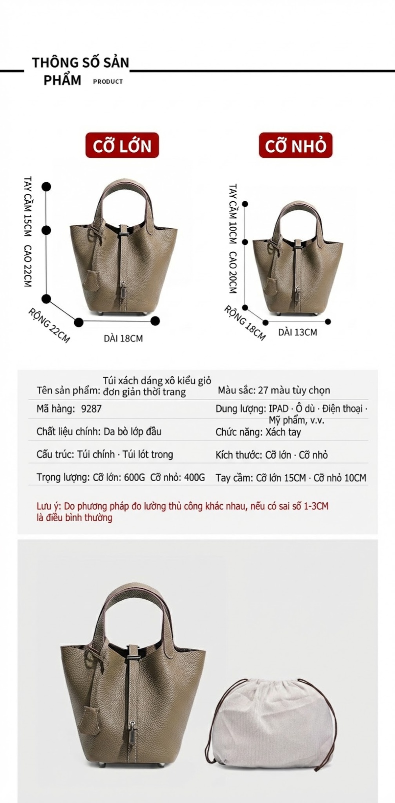 Túi Xách Tay Nữ Da Thật Mini Cao Cấp Thiết Kế Bucket Đựng Vừa Nhiều Đồ Màu Nâu, Xám, Hồng, Trắng... chi tiết 18