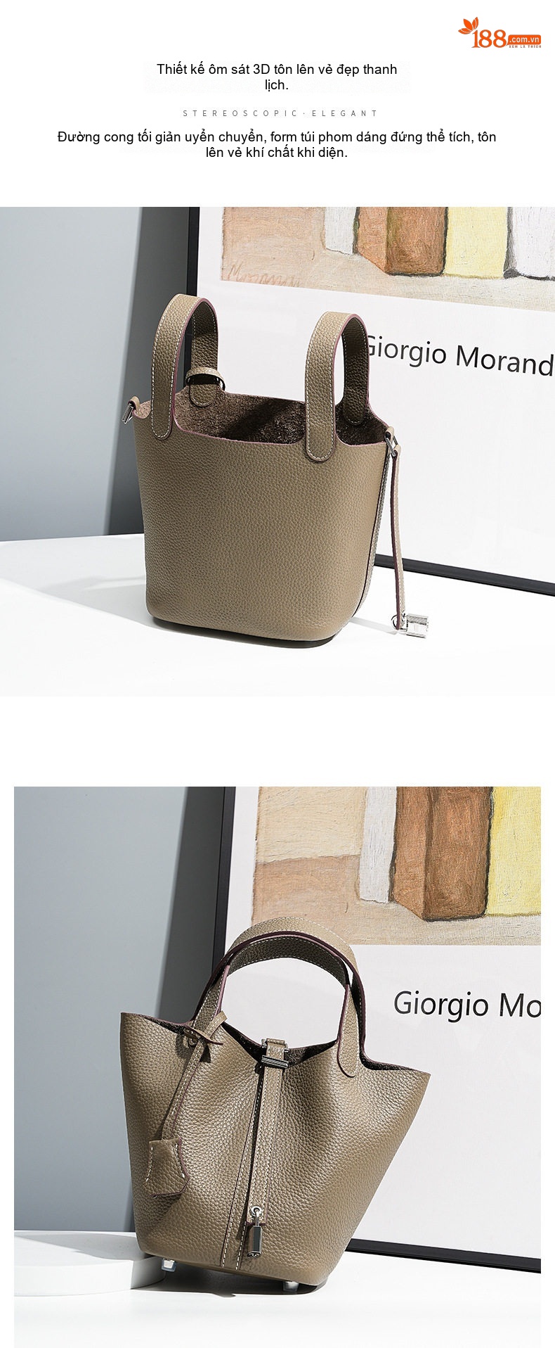 Túi Xách Tay Nữ Da Thật Mini Cao Cấp Thiết Kế Bucket Đựng Vừa Nhiều Đồ Màu Nâu, Xám, Hồng, Trắng... chi tiết 16