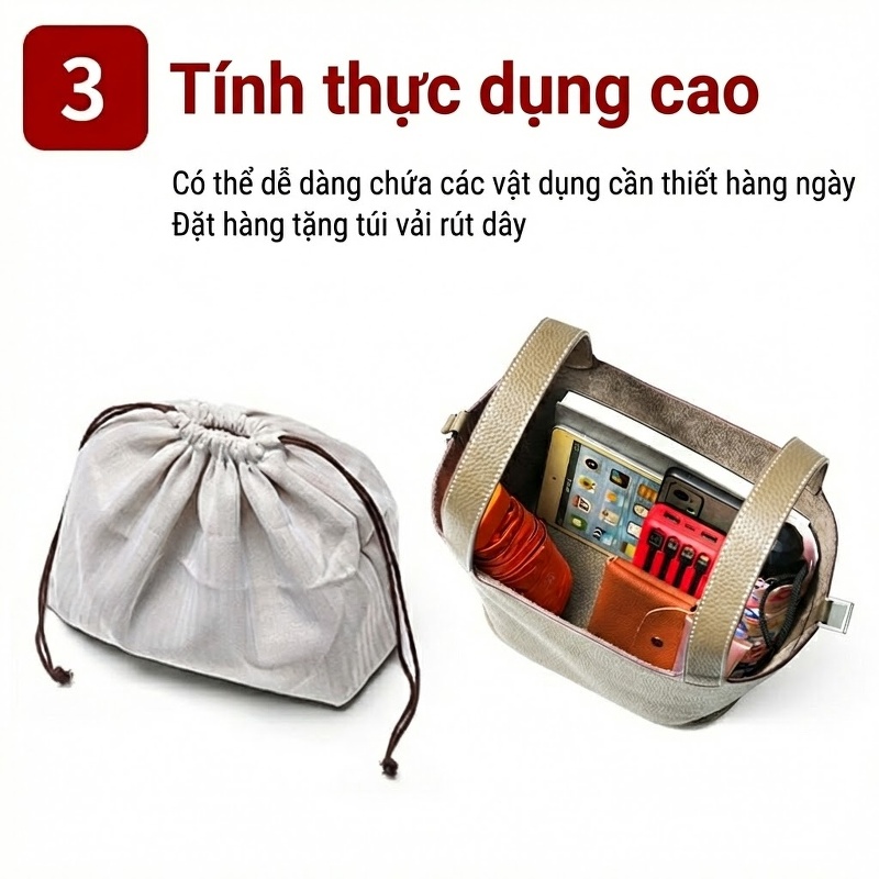 Túi Xách Tay Nữ Da Thật Mini Cao Cấp Thiết Kế Bucket Đựng Vừa Nhiều Đồ Màu Nâu, Xám, Hồng, Trắng... chi tiết 6