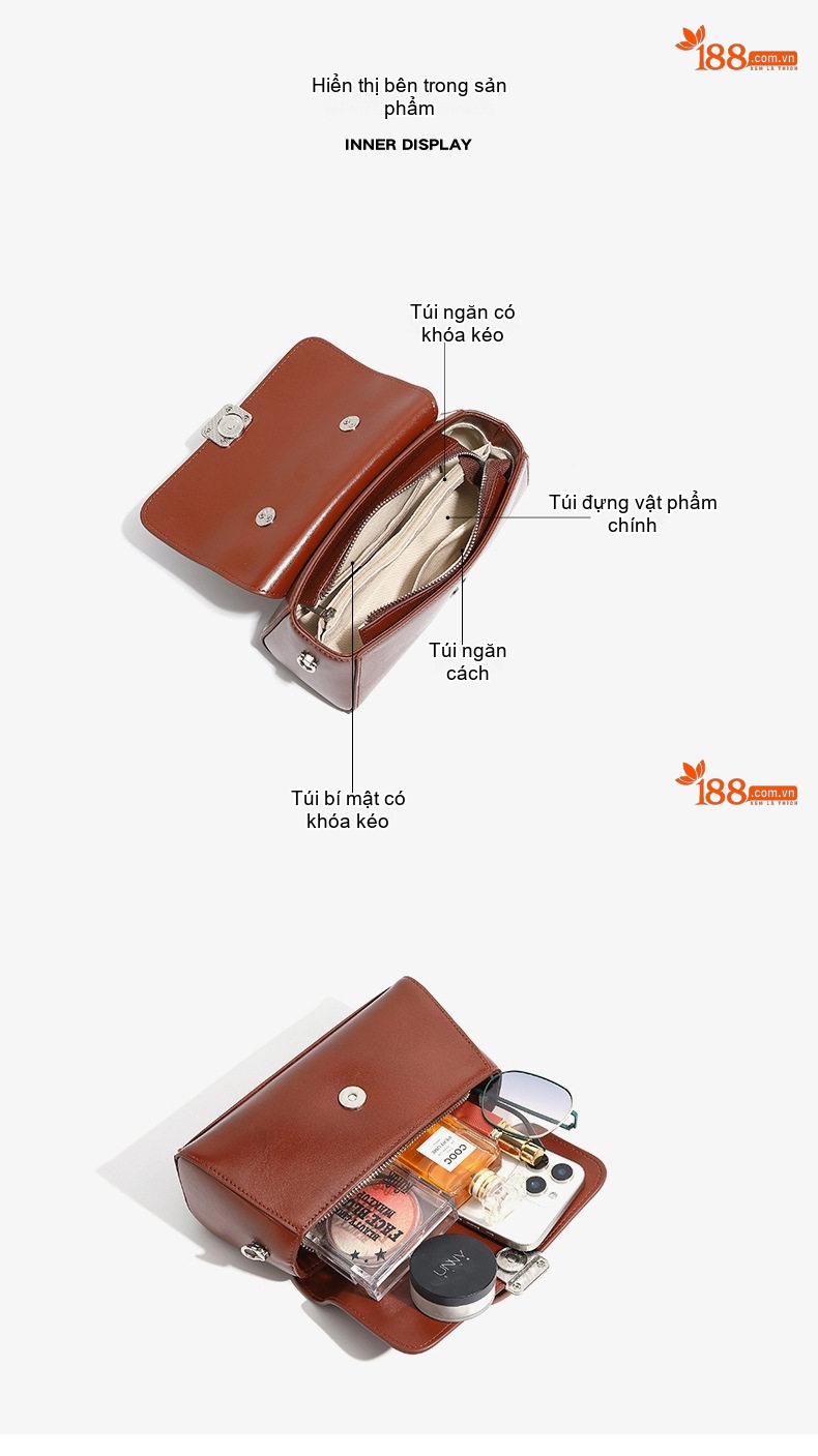 Túi Xách Tay Nữ Da Thật Mini Đeo Vai, Đeo Chéo Phong Cách Thanh Lịch Màu Nâu chi tiết 8