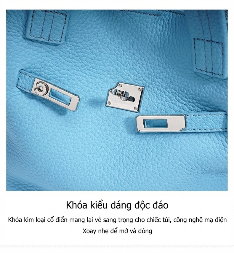 Túi Xách Tay Nữ Da Thật Mini Kiểu Dáng Tote Khóa Gài Màu Xanh Dương, Hồng, Xám, Đen chi tiết 11