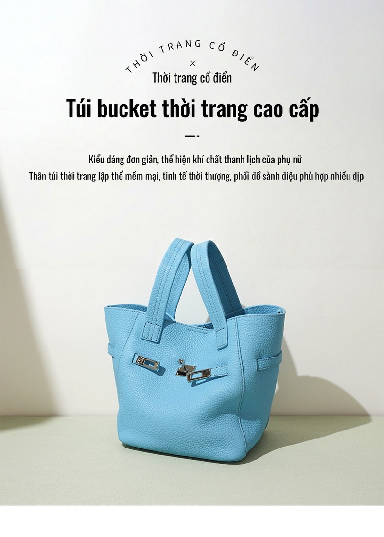 Túi Xách Tay Nữ Da Thật Mini Kiểu Dáng Tote Khóa Gài Màu Xanh Dương, Hồng, Xám, Đen chi tiết 1