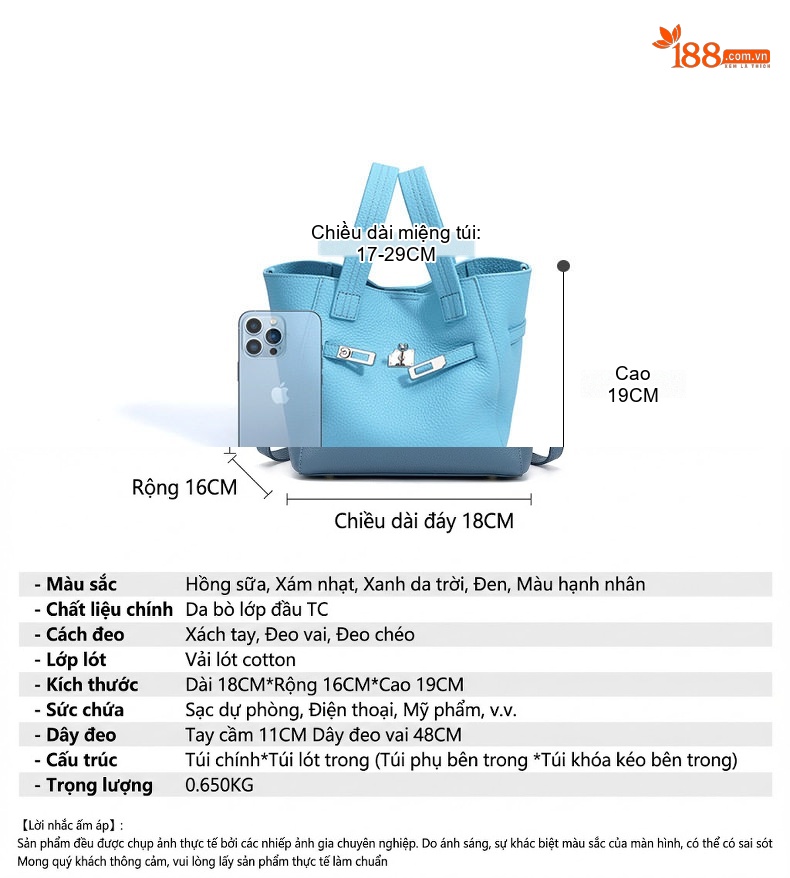 Túi Xách Tay Nữ Da Thật Mini Kiểu Dáng Tote Khóa Gài Màu Xanh Dương, Hồng, Xám, Đen chi tiết 6