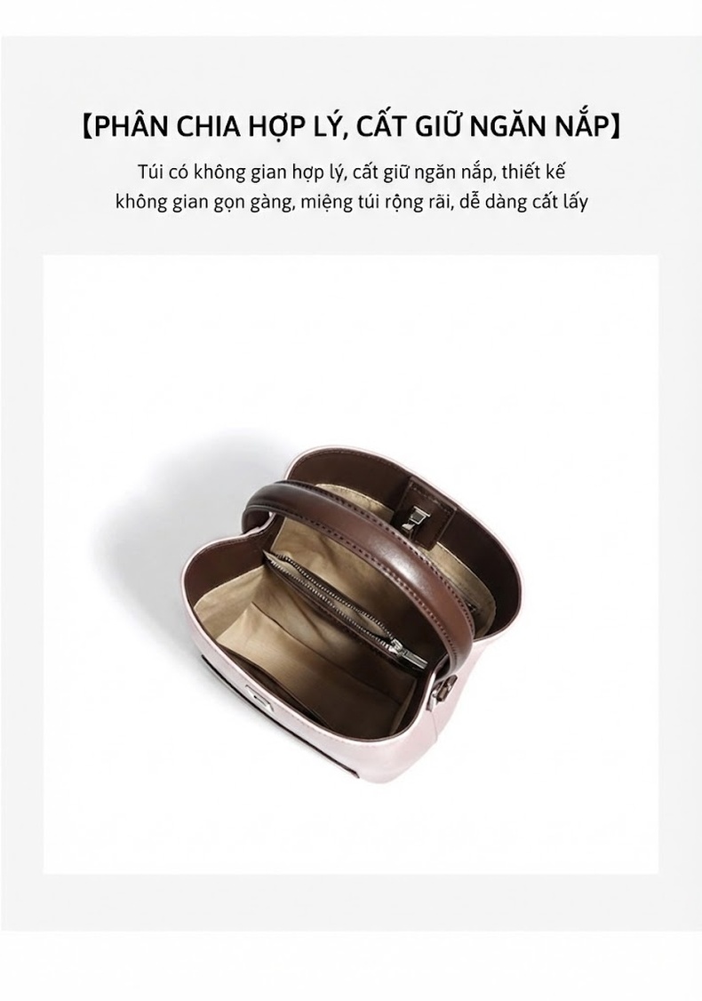 Túi Xách Tay Nữ Da Thật Phối Màu Đeo Vai Đeo Chéo Dáng Bucket Công Sở Màu Trắng Kem, Hồng, Nâu, Xanh... chi tiết 8